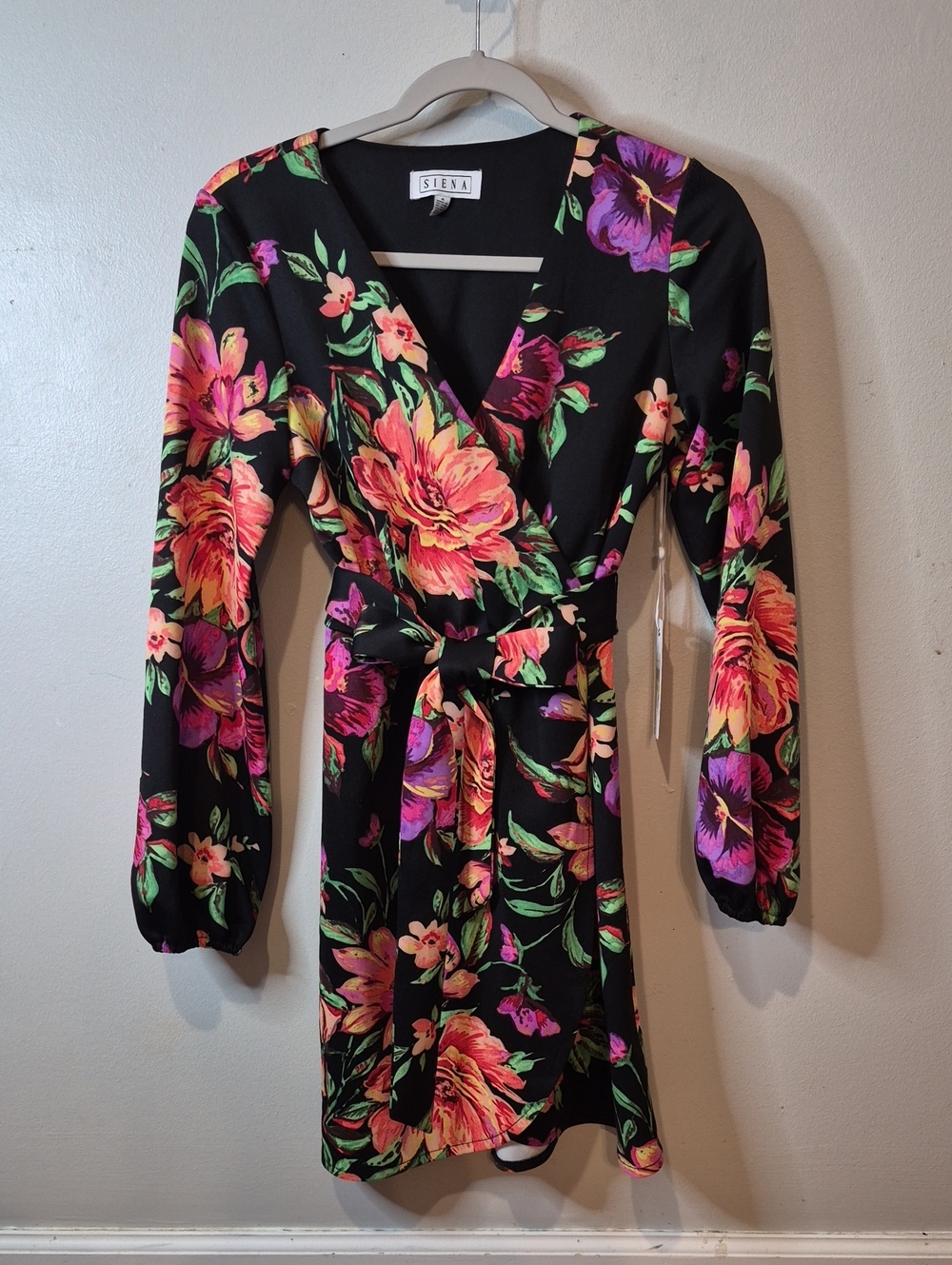 Siena Studio Black Floral Wrap Dress with Self-Tie Belt